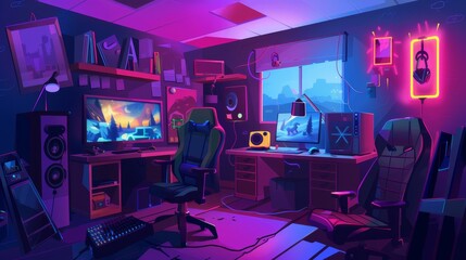 A cartoon dark house inside with a gamer computer and headphones, a giant television on the wall, and a console with a gamepad. A bright neon sign of joysticks is on the wall.