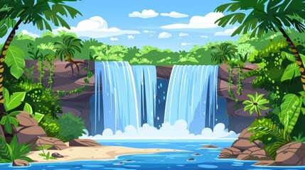 An idyllic tropical summer scene with cascade waterfalls, green trees, bushes and liana vines on the shore. Cartoon modern jungle scenery with water fountain flowing over rock cliffs. - obrazy, fototapety, plakaty