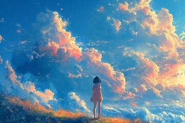 A girl stands in a field of grass and looks up at the sky.