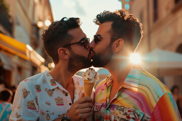 Photo of two handsome men eating ice cream in the square, and kissing while enjoying sweets, romantic mood, summer weather, warm colors