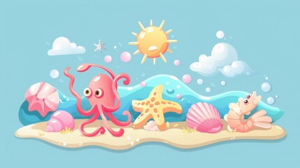 Fototapeta na wymiar On a light blue background, an illustration of marine creatures including a squid, prawn, starfish, seshell, sun and cloud is depicted.
