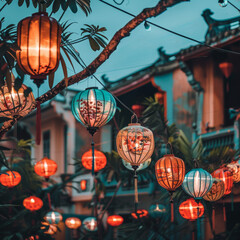 Typical Vietnamese lanterns adorn the streets of a beautiful Vietnamese city, casting a warm and...