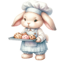 Delightful bunny chef presenting freshly baked cookies on a tray, in a striped chef's uniform, capturing the essence of home baking, Concept of home baking, treat presentation, and inviting illustrati