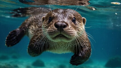 AI-generated illustration of a Close-up of an otter swimming in the ocean - obrazy, fototapety, plakaty