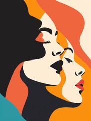 an abstract picture of two women in profile with colorful lines behind them