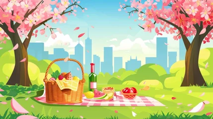 Poster Under trees with pink blossom, a picnic setup with basket, fruit, and a bottle of wine on cloth in a public city park is seen. Cartoon modern spring urban landscape with food for a lunch break © Mark
