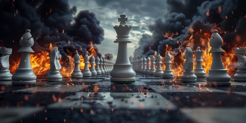 Fiery Chessboard Battle with King Standing Tall. - obrazy, fototapety, plakaty