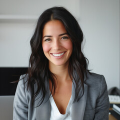 LinkedIn profile picture, 30 years old, white female, very straight, black hair, happy eyes, natural smile, blazer and t-shirt