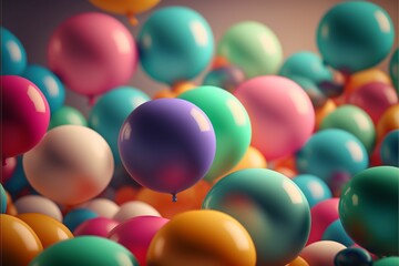 colorful balloons are floating in the air and a yellow sign reads happy birthday