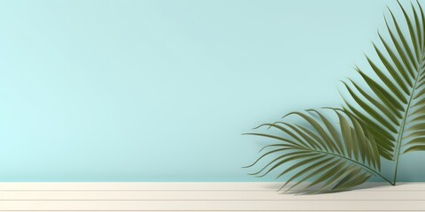 Fototapeta na wymiar Cyan background with palm leaf shadow and white wooden table for product display, summer concept. Vector illustration, isolated on pastel background