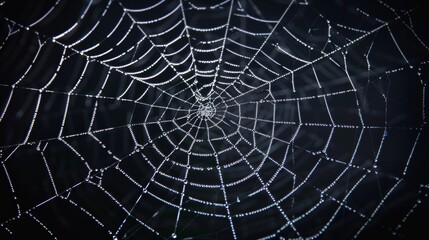 Stunning Halloween background with realistic spider web. Modern scary spooky cobweb net with white thread line on dark background. Arachnid trap for bugs. - obrazy, fototapety, plakaty