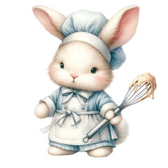 Joyful bunny chef with a whisk and dough, in a blue apron, exemplifying the joy of mixing ingredients, Concept of baking, ingredient mixing, and cheerful illustrations
