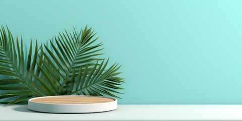 Cyan background with palm leaf shadow and white wooden table for product display, summer concept. Vector illustration, isolated on pastel background