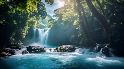 Natural waterfall background with trees and rocks view of waterfall in the mountains in a sunny day nature photography
