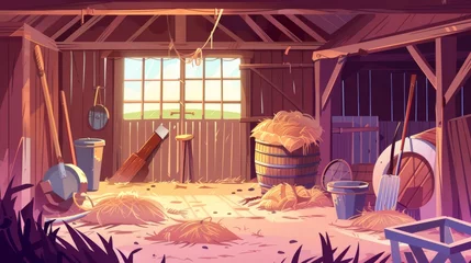 Fototapeten A modern cartoon illustration of a farm interior featuring hay stacks, a barrel, pitchfork and shovel tools, a metal bucket, a fabric bag, and a summer landscape. © Mark