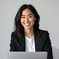 LinkedIn profile picture, 30 years old, white female, very straight, black hair, happy eyes, natural smile, blazer and t-shirt