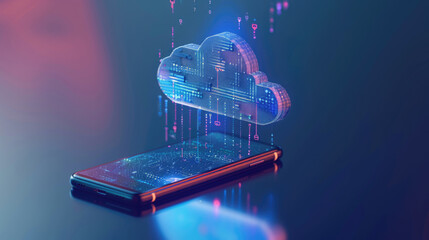 Smartphone transferring files to the cloud file and data storage. Cloud computing service, abstract technology background with cloud symbol - obrazy, fototapety, plakaty