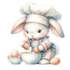 Cute bunny chef mixing ingredients in a bowl, dressed in a pink and blue chef's outfit, showcasing the process of baking, Concept of baking, ingredient preparation, and engaging illustrations
