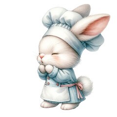 Joyful bunny chef in a chef's hat praying or wishing, in a soft blue outfit, capturing a moment of hopeful culinary preparation, Concept of hope, cooking enjoyment, and delightful illustrations
