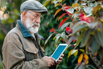 Screen display over shoulder of a senior man holding an ebook with an entirely blue screen