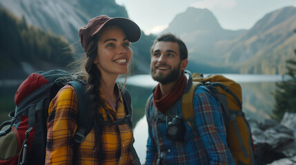 Front view of a young happy smiling, loving hiking couple of a girl & a boy with backpacks in a mountain lake forest background. Outdoor adventure, traveling, enjoying nature concept.