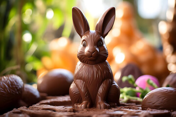 Chocolate Easter Bunny, Chocolatey and festive bunny shaped treat, enjoyed at Easter - obrazy, fototapety, plakaty