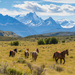 Fototapeta na wymiar Horses roam freely amidst the rugged terrain of the mountains, their graceful presence adding to the breathtaking beauty of the natural landscape as they graze and explore their surroundings.