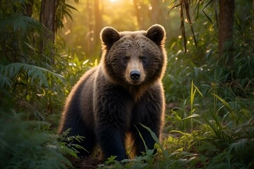 a grizzly bear in the woods near some tall trees - obrazy, fototapety, plakaty