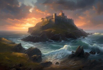 AI-generated illustration of a Castle on a cliff overlooking the ocean at sunset