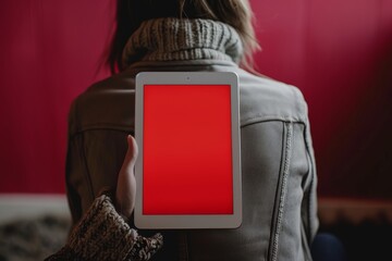 App mockup shoulder view of a young girl holding an ebook with a completely red screen