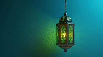 Fototapeta na wymiar Ramadan lantern from elevated view with green light illuminating in 3d illustration isolated on blue background. Religious decoration for Islamic holidays.