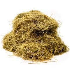 A neatly stacked pile of dry, golden hay isolated on a white background, capturing the essence of agriculture and farming.