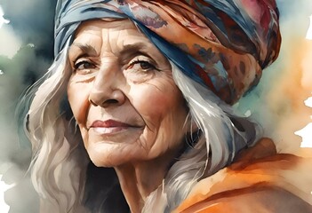 AI generated illustration of a portrait of an elderly woman adorned with a turban - obrazy, fototapety, plakaty