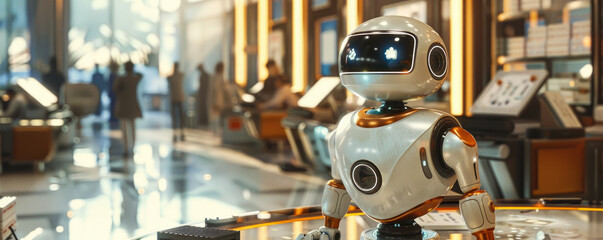 Fototapeta premium Cyborg robot works in the office among people. artificial intelligence. world of the future.