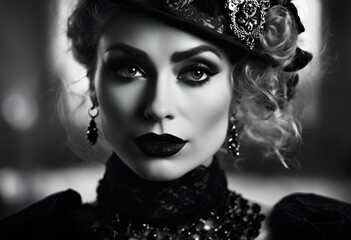 AI generated illustration of a monochrome portrait of a stylish woman with makeup, posing gracefully