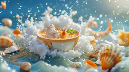 Immediately creamy seafood soup ad. 3d illustration of marine life surrounding a cup of seafood chowder on a wavy sea background - obrazy, fototapety, plakaty