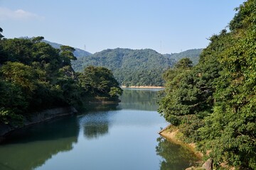 Fototapeta na wymiar Landscape scene of trees reflecting on the lake under blue sky in Shing Mun Reservoir, Hong Kong