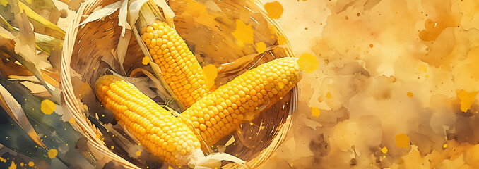 Watercolor corn cobs illustration. Golden corn cobs in a husk on a light background. Harvest and autumn concept. Banner with copy space. - obrazy, fototapety, plakaty