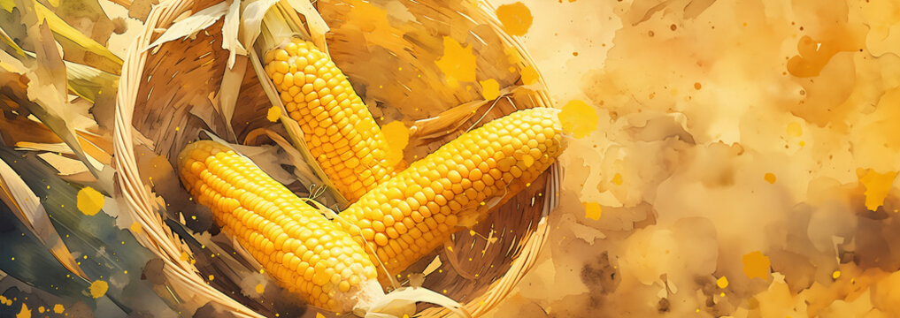 Watercolor corn cobs illustration. Golden corn cobs in a husk on a light background. Harvest and autumn concept. Banner with copy space.