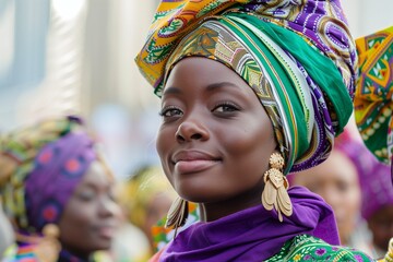 AI generated illustration of an African women in vibrant attire and headscarf at a festival - obrazy, fototapety, plakaty