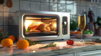 3D illustration of a microwave oven roasting a whole chicken with an orange champagne flute and rosemary on a marble countertop.