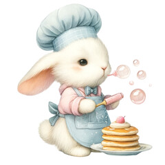 Joyful bunny chef blowing bubbles over a stack of pancakes, in a blue and pink apron, highlighting the fun in cooking, Concept of playful cooking, joyous moments, and captivating illustrations
