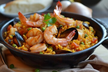 casserole with paella, shrimp curry on a bowl, shrimp curry closeup, shrimp 