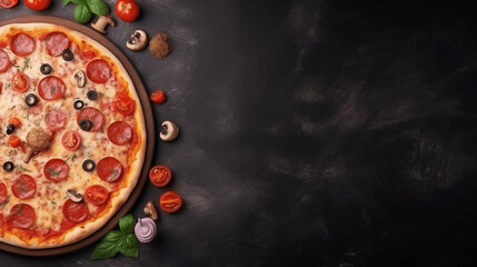 Obraz na płótnie Canvas Pizza chorizo, fromage et tomates. Espace vide de composition. Spécialité italienne. Alimentation, fast food, nourriture, délicieux. Pour conception et création graphique. 