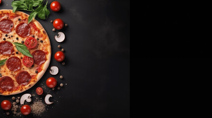 Pizza chorizo, fromage et tomates. Espace vide de composition. Spécialité italienne. Alimentation, fast food, nourriture, délicieux. Pour conception et création graphique.	