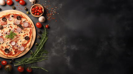 Pizza chorizo, fromage et tomates. Espace vide de composition. Spécialité italienne. Alimentation, fast food, nourriture, délicieux. Pour conception et création graphique.	