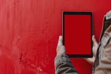 Display mockup from a shoulder angle of a man holding an ebook with a completely red screen