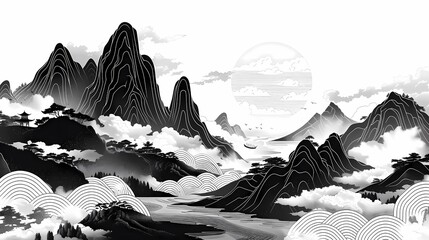 Traditional black and white lines landscape illustration poster background - obrazy, fototapety, plakaty