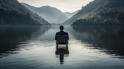 man sitting on chair at calm lake on mountain backdrop during foggy day