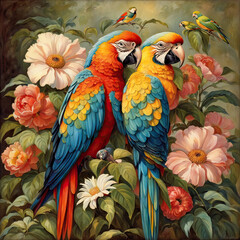 AI generated illustration of two vibrant parrots perched on a flowering plant next to a wall